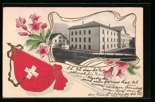 Passepartout-Lithographie Liestal, Kasernengebäude, Schweizer Fahne, Blumen