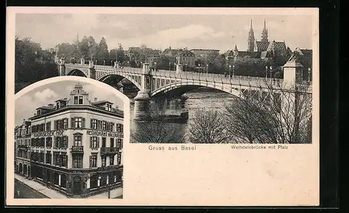 AK Basel, Hotel Bayrischer Hof / Restaurant Hallauer Hof, Wettsteinbrücke mit Pfalz