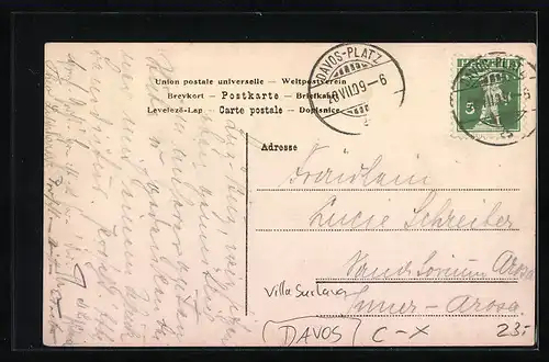 AK Davos, Villa Surlava mit Nachbargebäude und Berggipfel