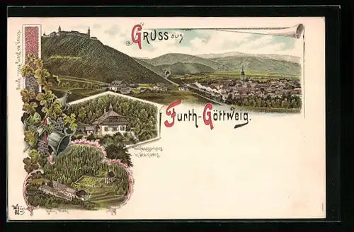 Lithographie Furth-Göttweig, Klein-Wien, Wolfseggerhaus in Steinach, Gesamtansicht mit Bergen