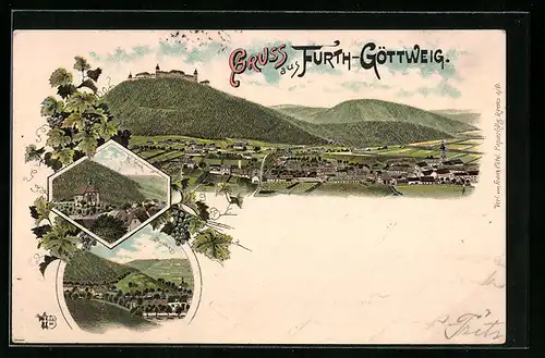 Lithographie Furth-Göttweig, Klein-Wien, Steinweg, Gesamtansicht mit Bergen aus der Vogelschau