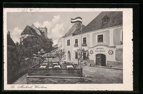 AK St. Michael /Wachau, Gasthaus Julian Huber mit Strasse und Kirche