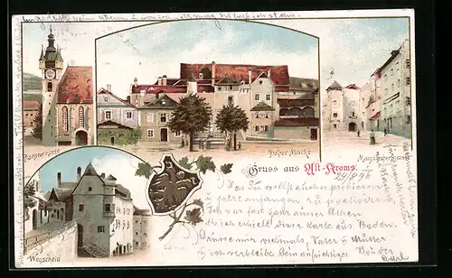 Lithographie Krems, Hoher Markt, Piaristenkirche, Wegscheid