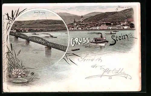 Lithographie Stein, Uferpartie mit Dampfer, Neue Brücke