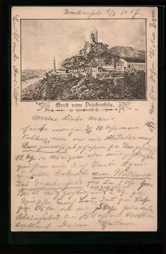 Vorläufer-AK Ganzsache PP6F38 /010: Königswinter, 1887, Ruine Drachenfels mit Restaurant über dem Rhein