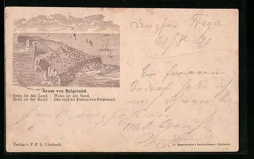 Vorläufer-Lithographie Helgoland, 1890, Die Insel aus der Vogelschau, Vers