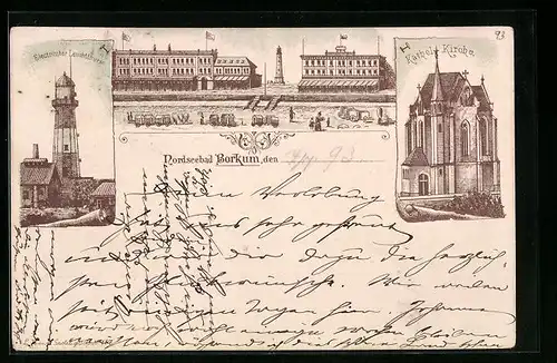 Vorläufer-Lithographie Borkum, 1893, Electrischer Leuchtturm, Kathol. Kirche