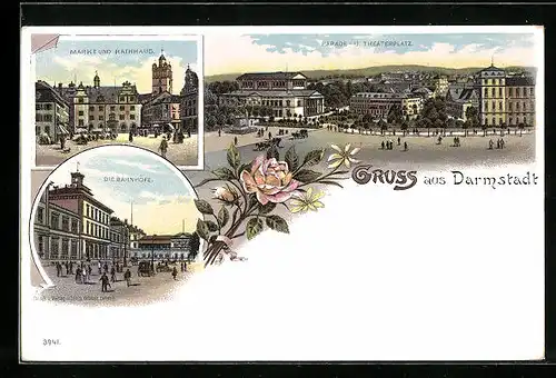 Lithographie Darmstadt, Strassenpartie, Markt und Rathaus, Die Bahnhöfe