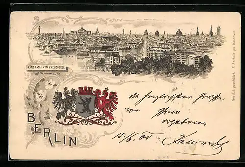 Lithographie Berlin-Kreuzberg, Panorama mit Wappen