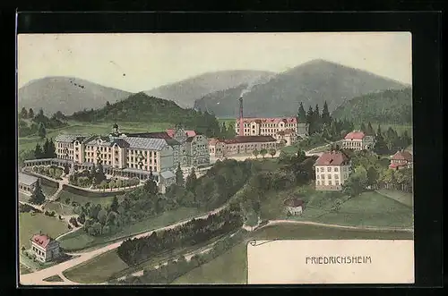 AK Friedrichsheim, Ortsansicht mit Fabrik aus der Vogelschau