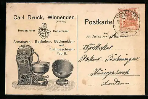 AK Winnenden /Württ., Backofen- und Knetmaschinenfabrik Carl Drück, Küchenmaschine