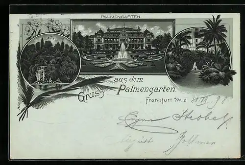 Lithographie Frankfurt-Westend, Gaststätte Palmengarten mit Anlagen, Wasserfall