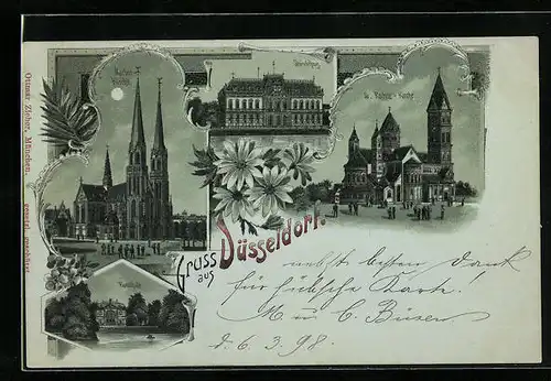 Mondschein-Lithographie Düsseldorf, Ständehaus, Kunsthalle, Kirchen St. Rochus und St. Marien