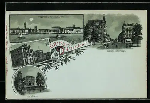 Mondschein-Lithographie Düsseldorf, Elberfelderstrasse, Kunsthalle und -akademie, Ortsansicht vom linken Rheinufer