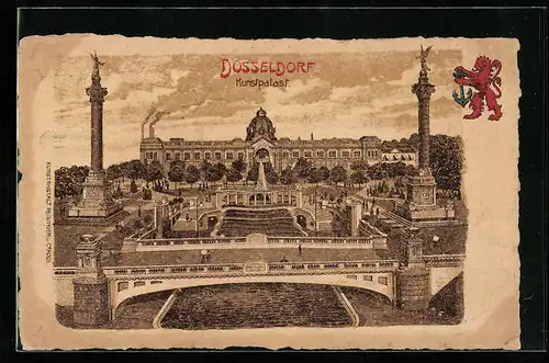 Lithographie Düsseldorf, Kunstpalast mit Anlagen aus der Vogelschau, Wappen
