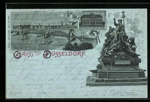Lithographie Düsseldorf, Neue Rheinbrücke, Provinzial-Denkmal, Ständehaus