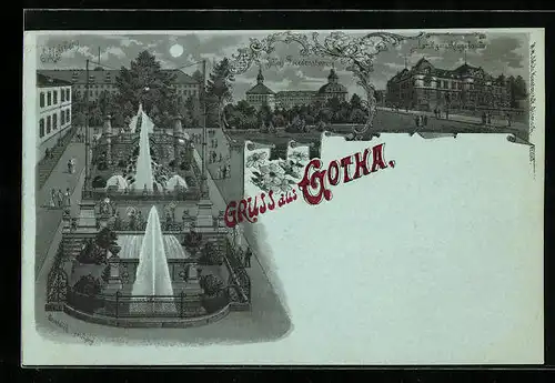 Mondschein-Lithographie Gotha, Anlage mit Fontänen, Landgericht mit Strasse, Schloss Friedenstein