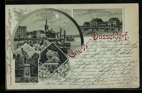 Mondschein-Lithographie Düsseldorf, Central-Bahnhof, Rhein-Werft, Krieger-Denkmäler