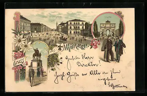 Lithographie München, Siegestor, Ludwigstor mit Ludwigskirche, Ludwigs-Monument