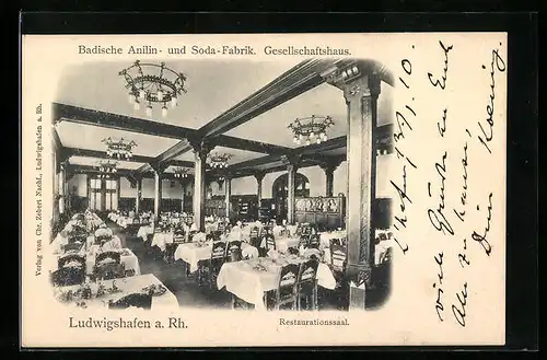AK Ludwigshafen /Rh., Badische Anilin- und Soda-Fabrik, Gesellschaftshaus, Restaurationssaal