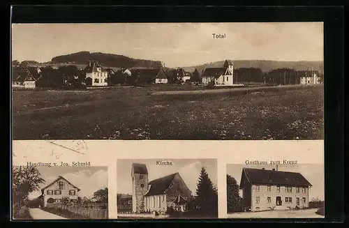 AK Tannau, Gasthaus zum Kreuz, Handlung v. Jos. Schmid, Kirche, Totalansicht