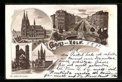 Lithographie Köln, Hohenstaufenring mit Springbrunnen, Dom, St. Gereon und St. Martin