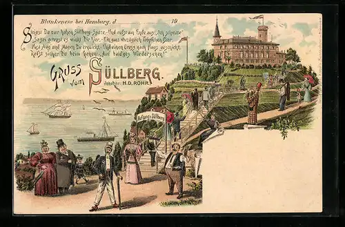 Lithographie Blankenese bei Hamburg, Hotel auf dem Süllberg