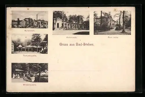 AK Bad-Steben, Kuranstalt, Kolonnade, Park Hotel, Wiesenquelle, Tempelquelle