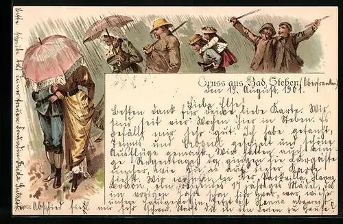 Lithographie Bad Steben, Kurgäste im Platzregen