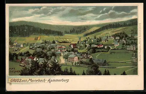 Lithographie Manebach-Kammerberg, Gesamtansicht des Ortes