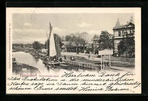 AK Eppendorf, Winterhuder-Quai, Segelboot am Gasthaus Winterhuder-Fährhaus
