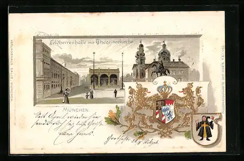 Passepartout-Lithographie München, Feldherrenhalle mit Theatinerkirche, königliches Wappen