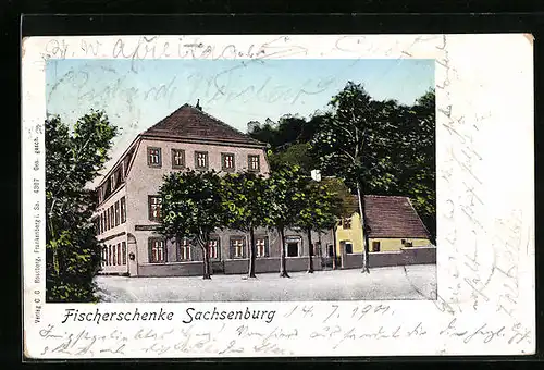 AK Sachsenburg, Gasthaus Fischerschenke mit leuchtenden Fenstern