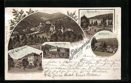 Lithographie Schlangenbad, Victoria-Hotel, Naussauer Hof, Schweizerhaus, Hotel de Paris