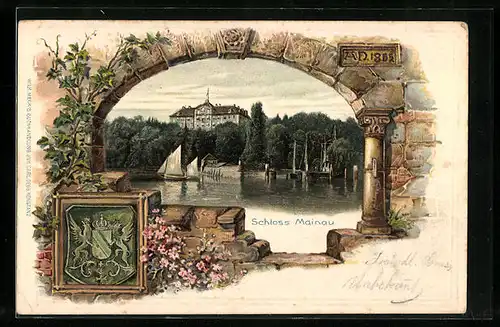 Passepartout-Lithographie Mainau, Schloss mit Segelboot und Wappen