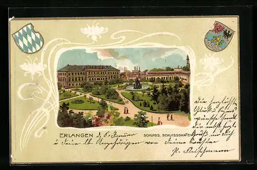 Passepartout-Lithographie Erlangen, Schloss und Schlossgarten, Wappen