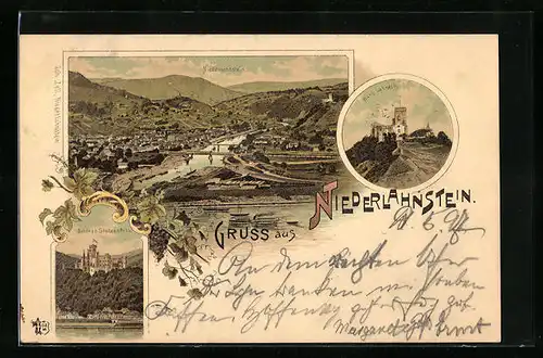 Lithographie Niederlahnstein, Gesamtansicht aus der Vogelschau, Burg Lahneck