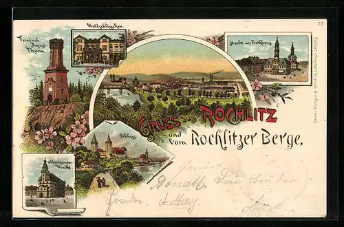 Lithographie Rochlitz, Gasthaus Waldschlösschen auf dem Rochlitzer Berge, Schloss, St. Kunigunden-Kirche