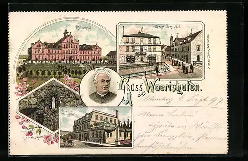 Lithographie Wörishofen, Geromillers Bad, Frauenbad Geromiller, Kinderasyl