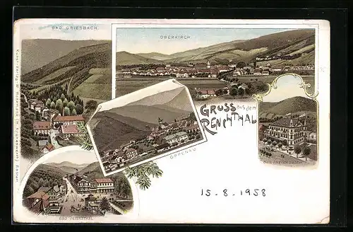 Lithographie Oppenau, Ortsansicht, Oberkirch, Bad Freyersbach im Renchtal