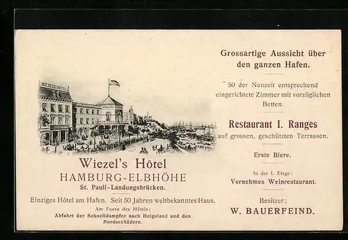 AK Hamburg-St. Pauli, Wiezel`s Hôtel von W. Bauerfeind, Elbhöhe
