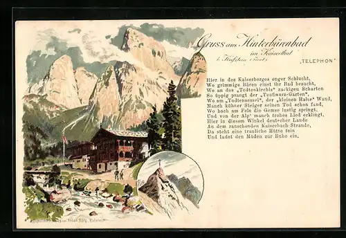 Lithographie Hinterbärenbad im Kaiserthal, Idyllische Bergkulisse mit Gasthof