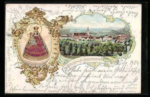 Präge-Lithographie M. Enzersdorf, Ortsansicht und Heiligenbild im goldenen Rahmen