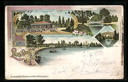 Lithographie Laxenburg, Cafe beim Wasserfall im Park, Goth. Brücke & Schifffahrt a.d. Schloss