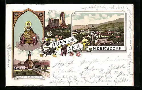 Lithographie Maria Enzersdorf, Schloss Liechtenstein, Wallfartskirche, Ortsansicht