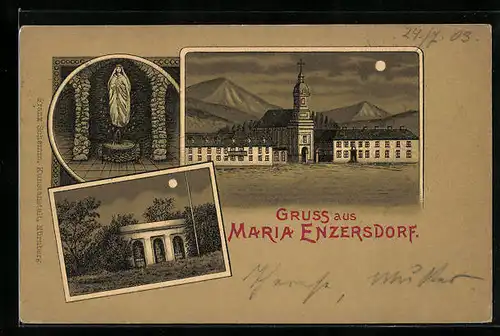 Mondschein-Lithographie Maria-Enzersdorf, Ansichten aus dem Ort im Schein des Mondes