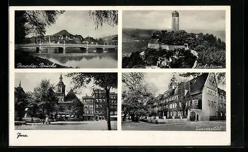 AK Jena, Universität, Paradies-Brücke, Markt, Fuchsturm