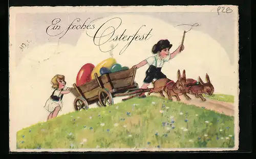AK Osterhasen ziehen Karren mit Ostereiern
