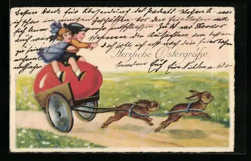 AK Osterhasen ziehen Osterei-Wagen