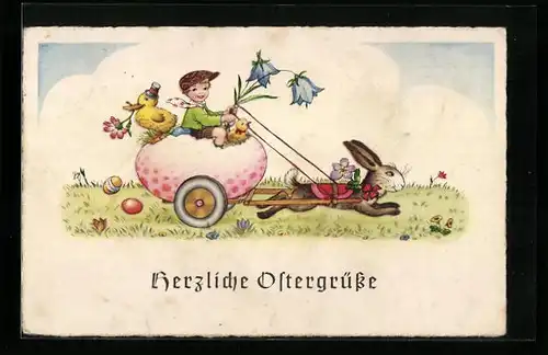 AK Kleiner Junge fährt mit einem Osterhasengespann, Osterküken, Entenküken, Ostereier